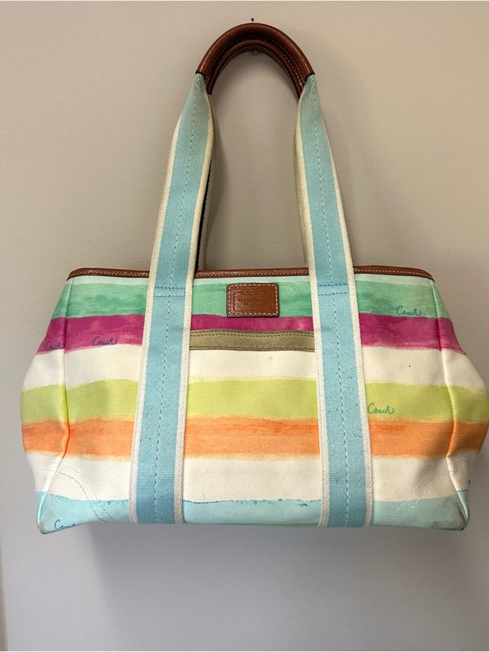 Coach Hampton Watercolor Stripe Canvas Leather Tote Bag